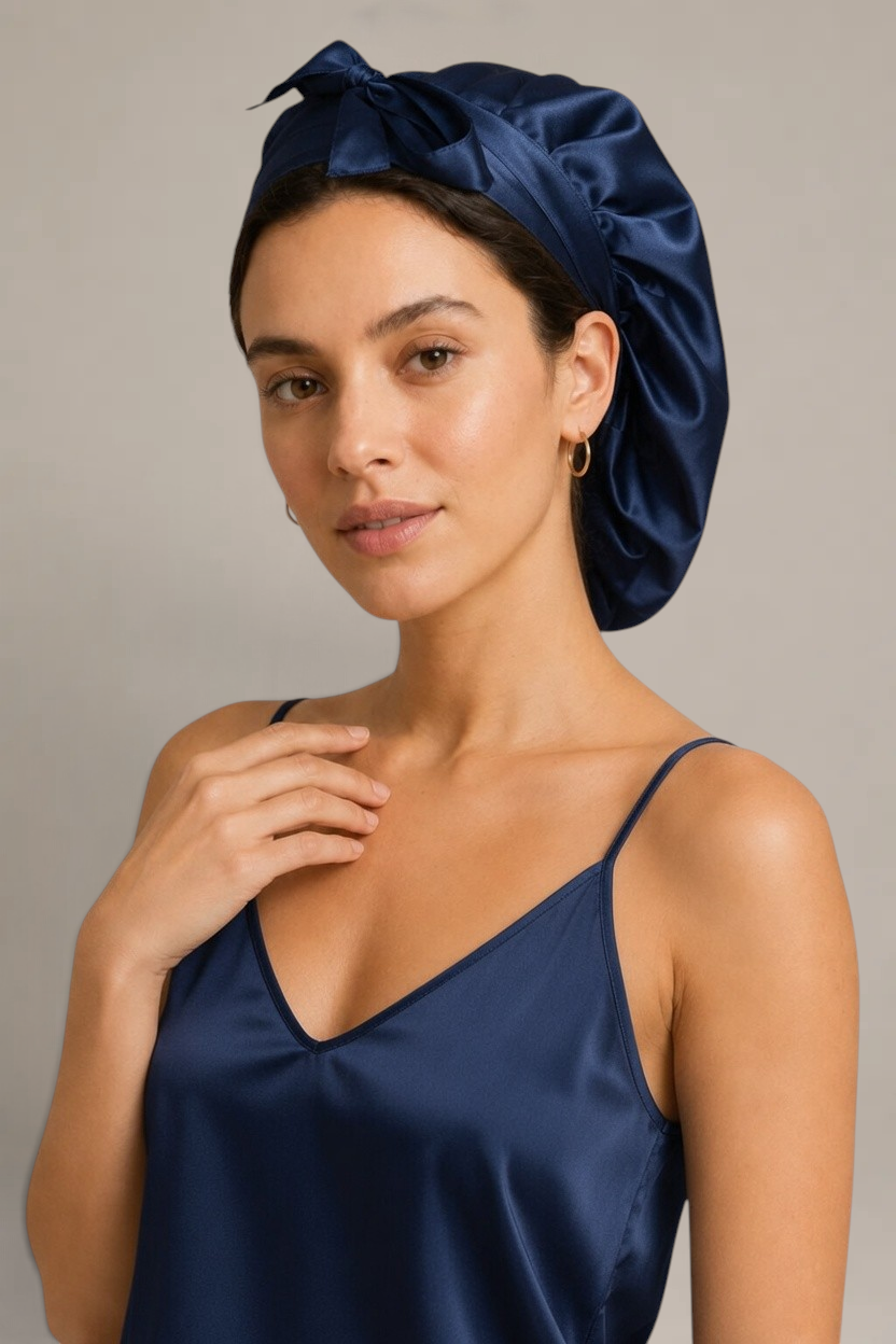 Kit Nuit Althéria – Bonnet, masque & lot de 6 chouchous – 100 % soie de mûrier – Bleu