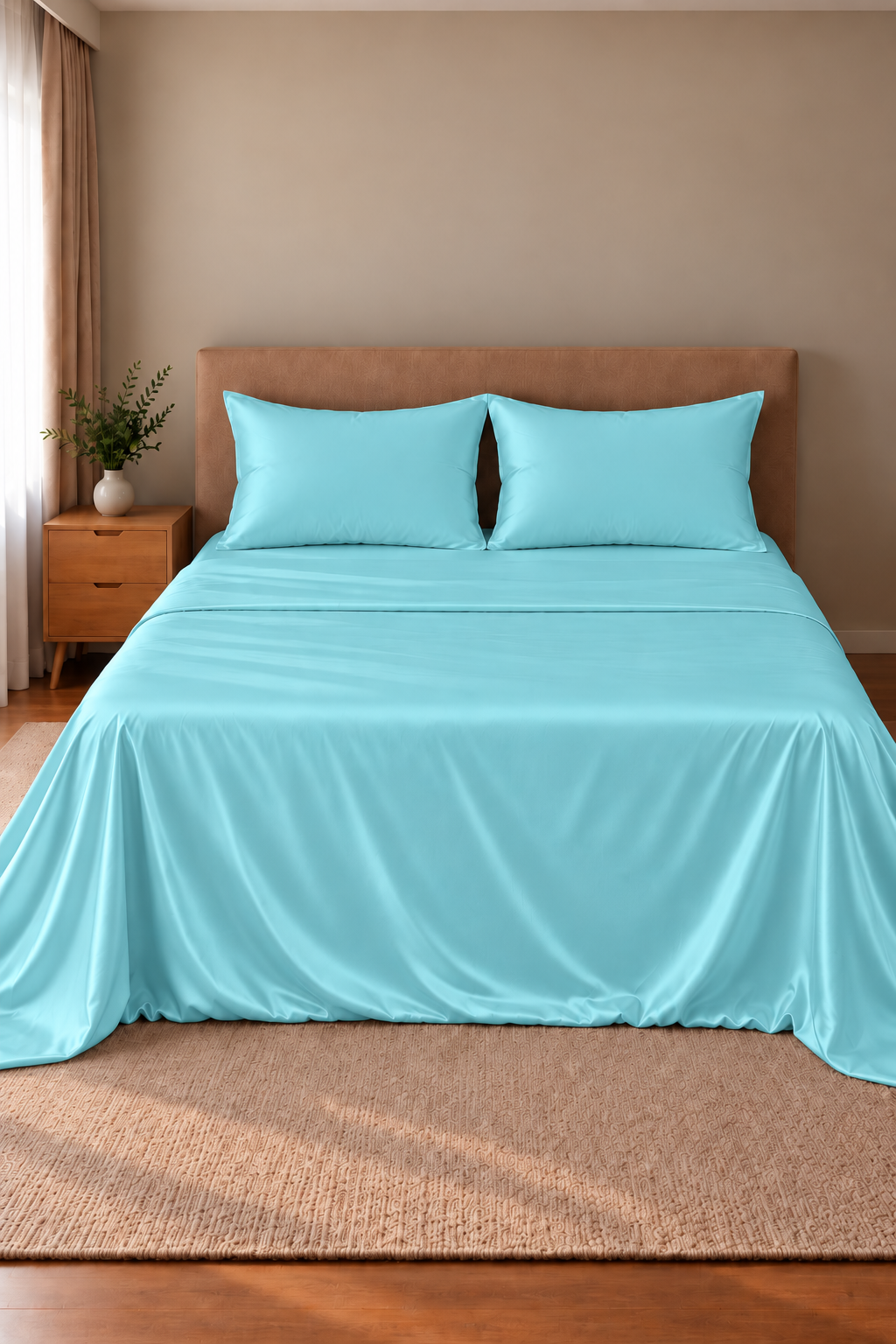 Parure de lit Olyssia – 100 % soie de mûrier – Bleu riviera