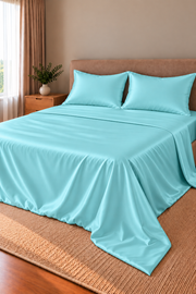 Parure de lit Olyssia – 100 % soie de mûrier – Bleu riviera