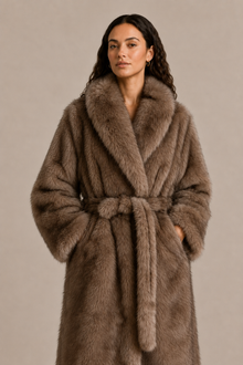 Manteau Isaline en fourrure taupe – Coupe longue ceinturée