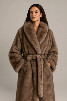 Manteau Isaline en fourrure taupe – Coupe longue ceinturée