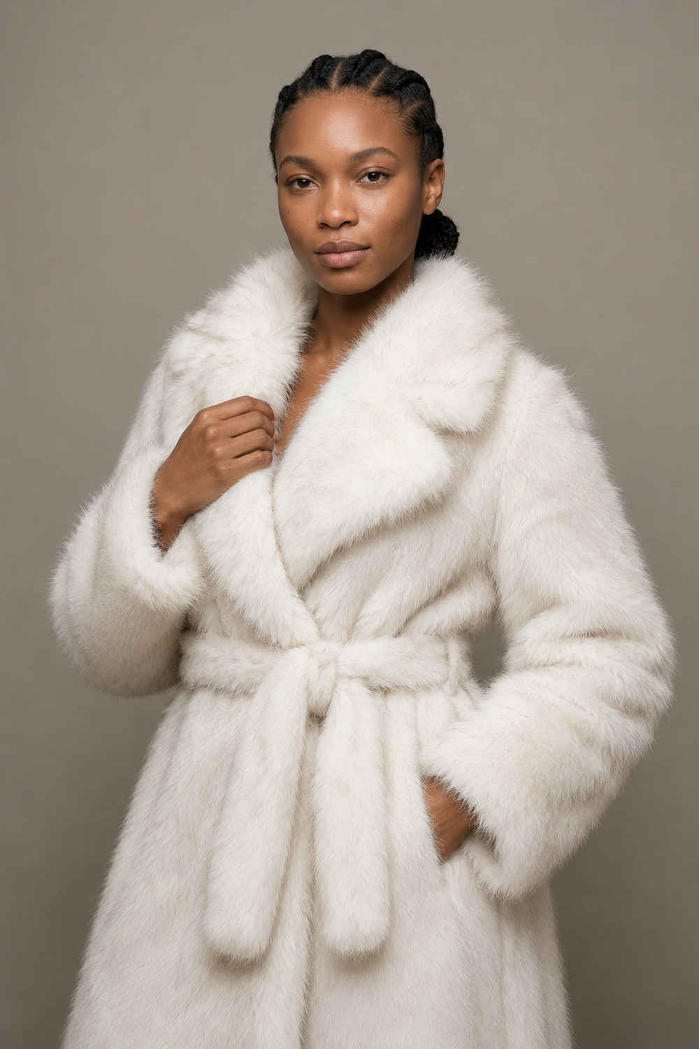 Manteau Élodie en fourrure ivoire – Coupe longue structurée
