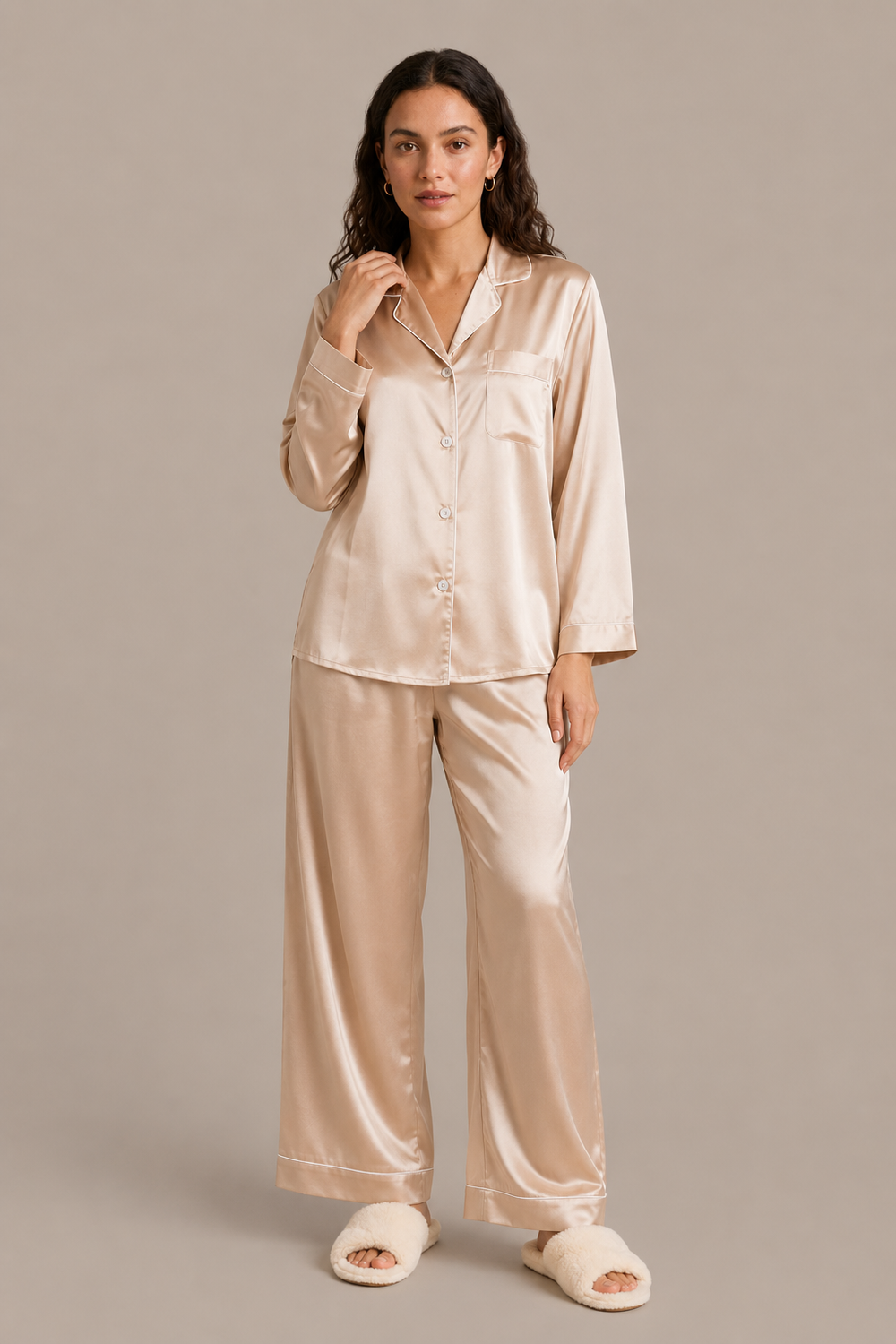Pyjama Éliana – 100 % soie de mûrier – Champagne