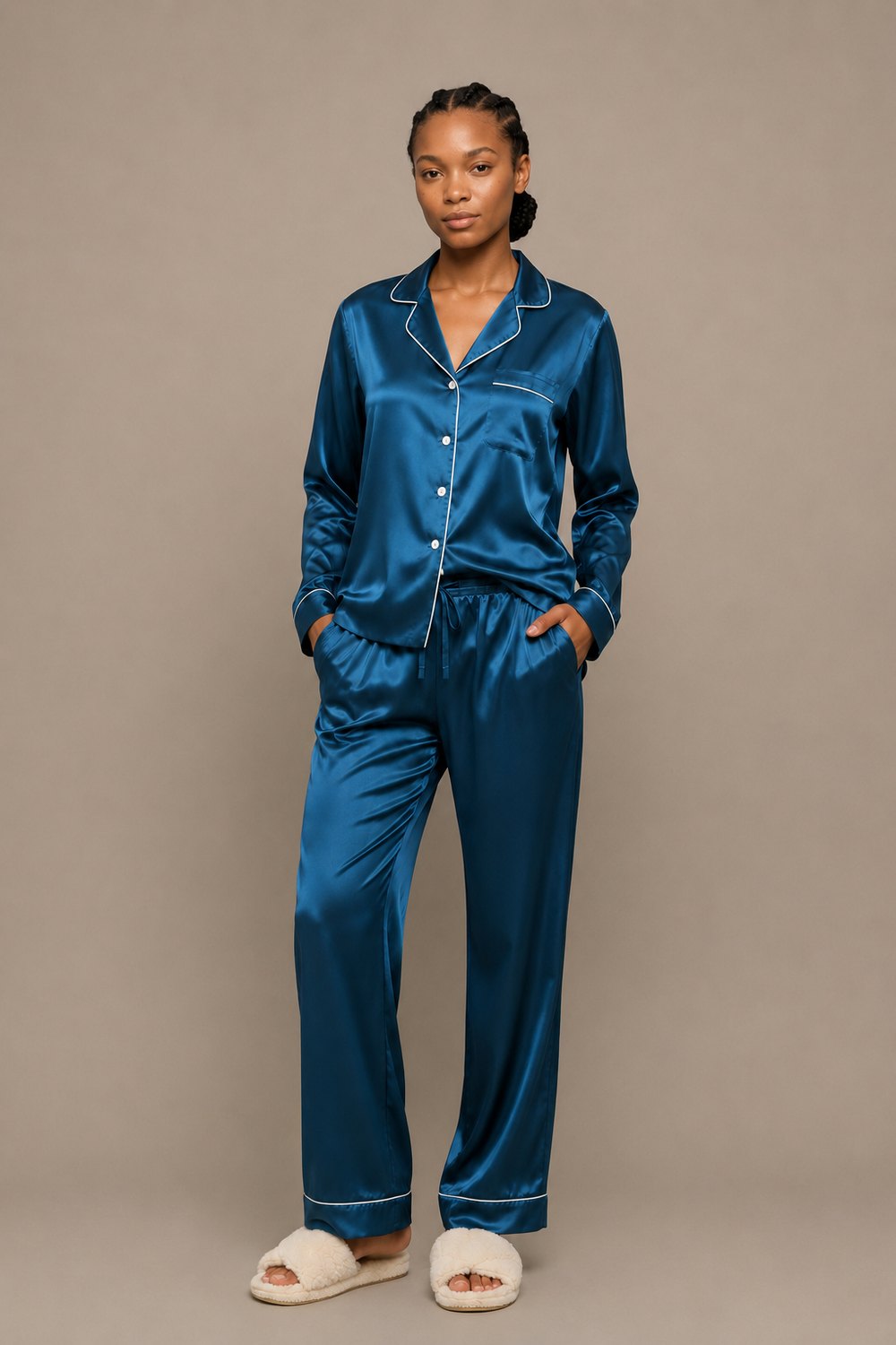 Pyjama Éliana – 100 % soie de mûrier – Bleu