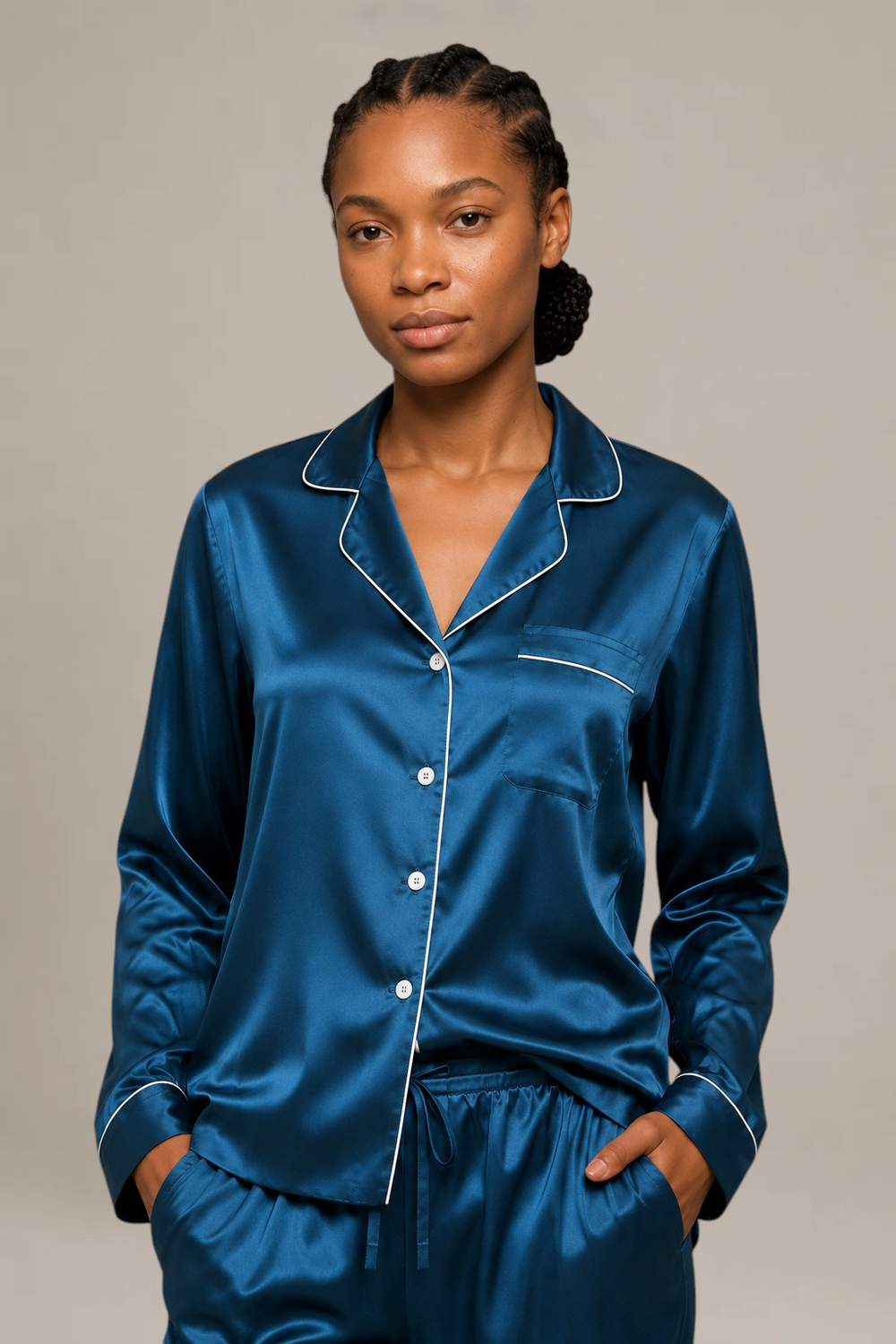Pyjama Éliana – 100 % soie de mûrier – Bleu