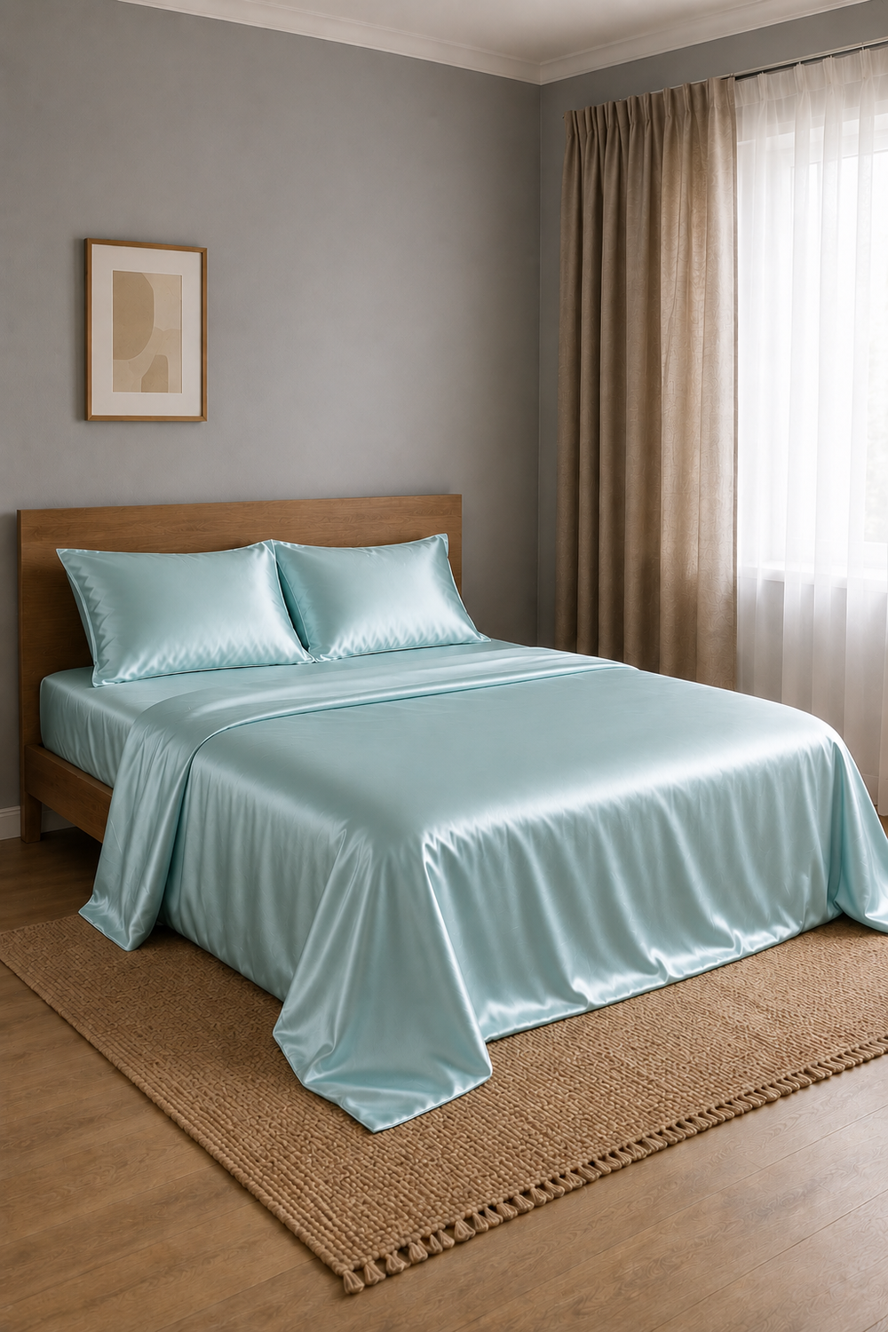 Parure de lit Olyssia – 100 % soie de mûrier – Bleu riviera