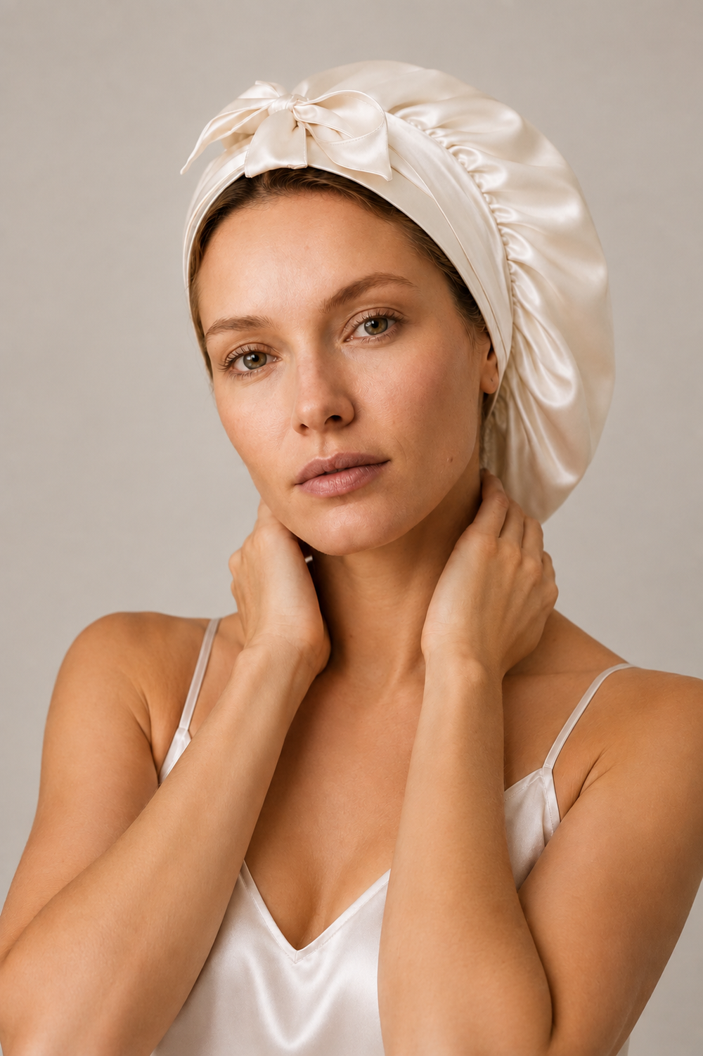 Kit Nuit Althéria – Bonnet, masque & lot de 6 chouchous – 100 % soie de mûrier – Ivoire