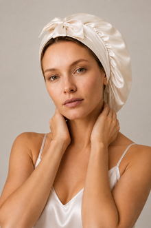 Kit Nuit Althéria – Bonnet, masque & lot de 6 chouchous – 100 % soie de mûrier – Ivoire