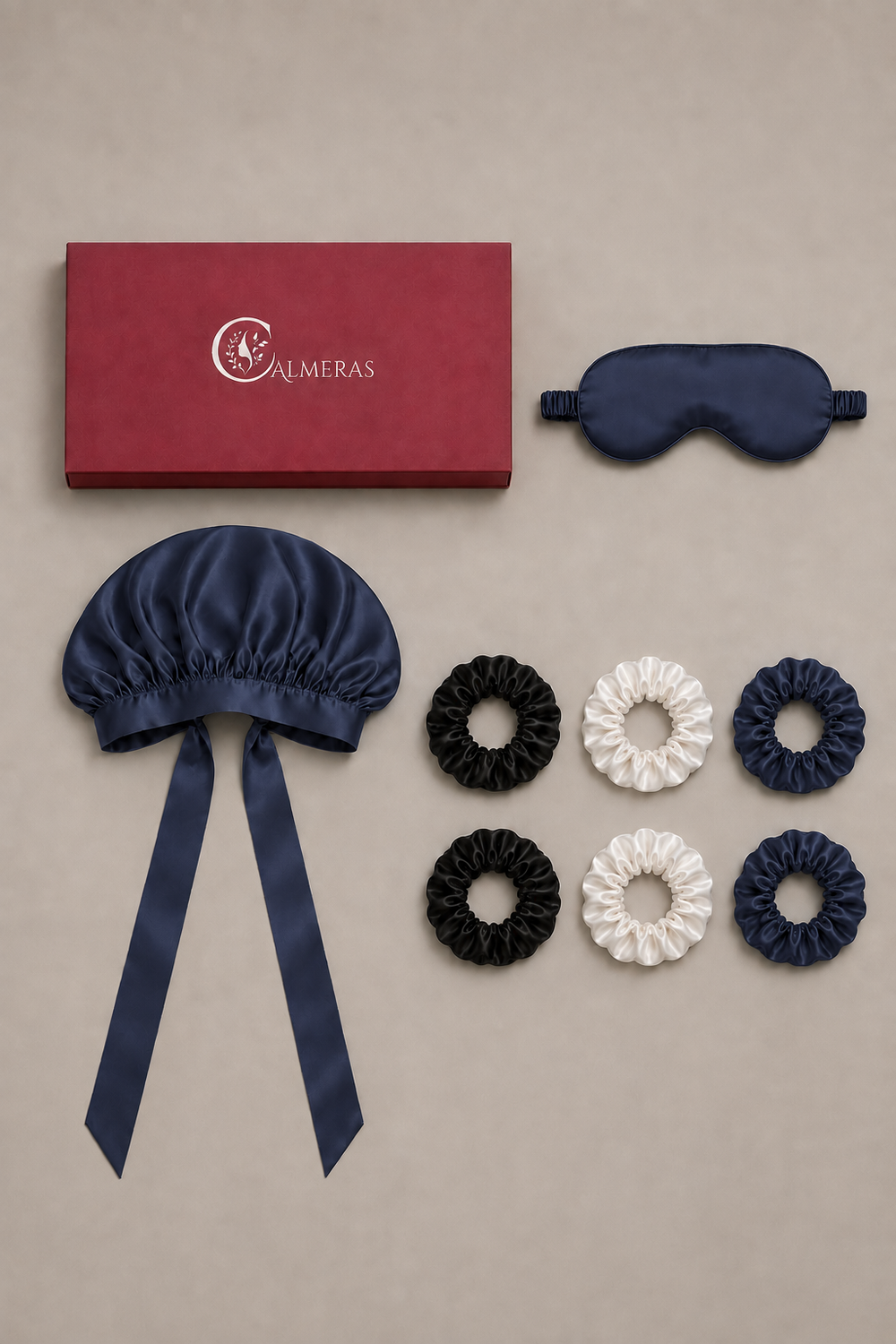 Kit Nuit Althéria – Bonnet, masque & lot de 6 chouchous – 100 % soie de mûrier – Bleu