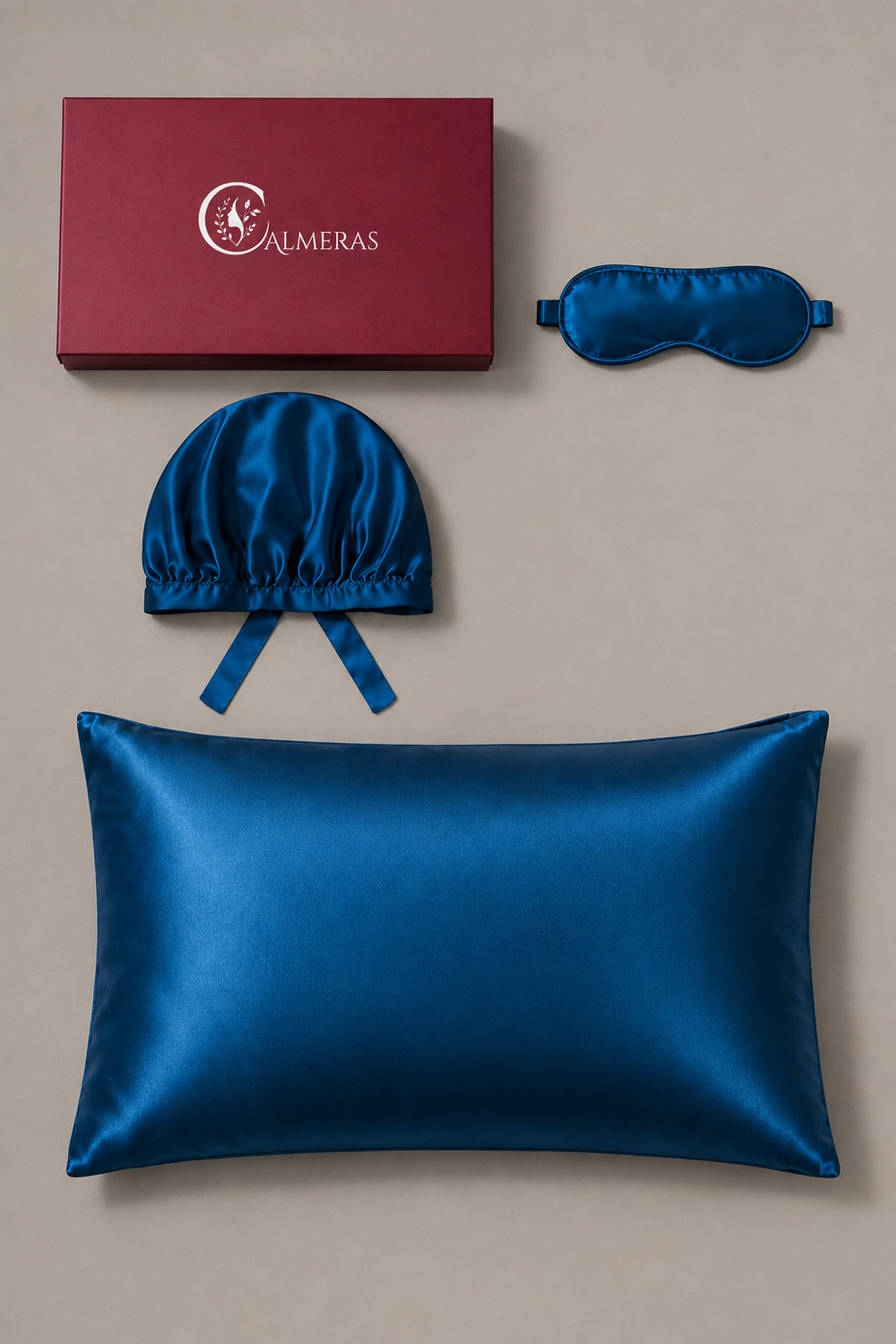 Set Nuit Lunoria – Bonnet, masque & taie d’oreiller – 100 % soie de mûrier – Bleu