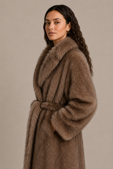 Manteau Isaline en fourrure taupe – Coupe longue ceinturée
