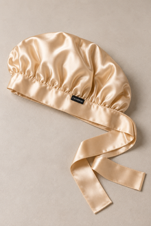 Set Nuit Lunoria – Bonnet, masque & taie d’oreiller – 100 % soie de mûrier – Champagne