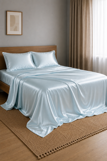 Parure de lit Olyssia – 100 % soie de mûrier – Bleu riviera