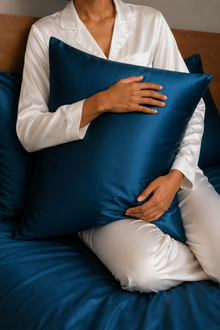 Parure de lit Olyssia – 100 % soie de mûrier – Bleu foncé