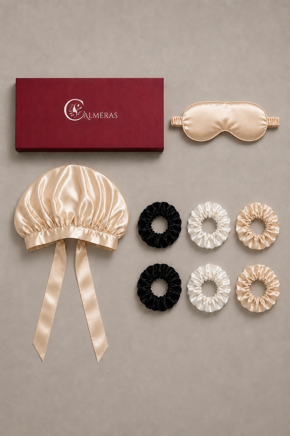 Kit Nuit Althéria – Bonnet, masque & lot de 6 chouchous – 100 % soie de mûrier – Champagne