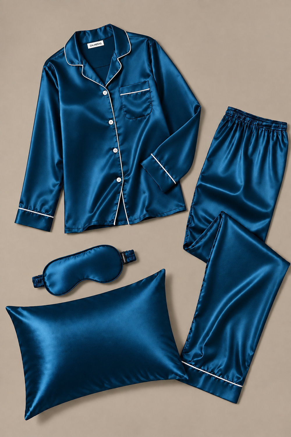 Coffret Nuit Vélisia – Pyjama, masque & taie d’oreiller – 100 % soie de mûrier – Bleu