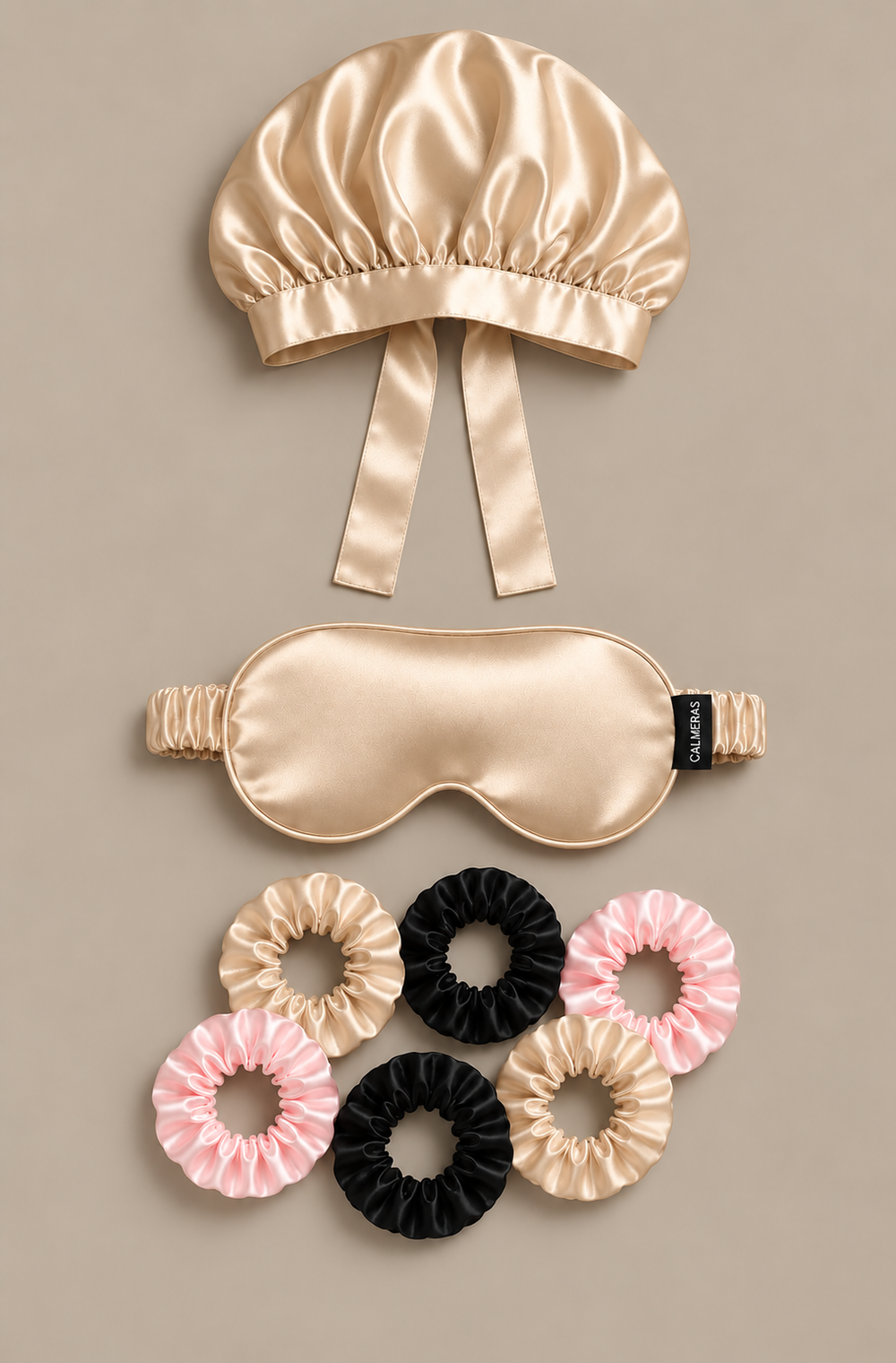 Kit Nuit Althéria – Bonnet, masque & lot de 6 chouchous – 100 % soie de mûrier – Champagne