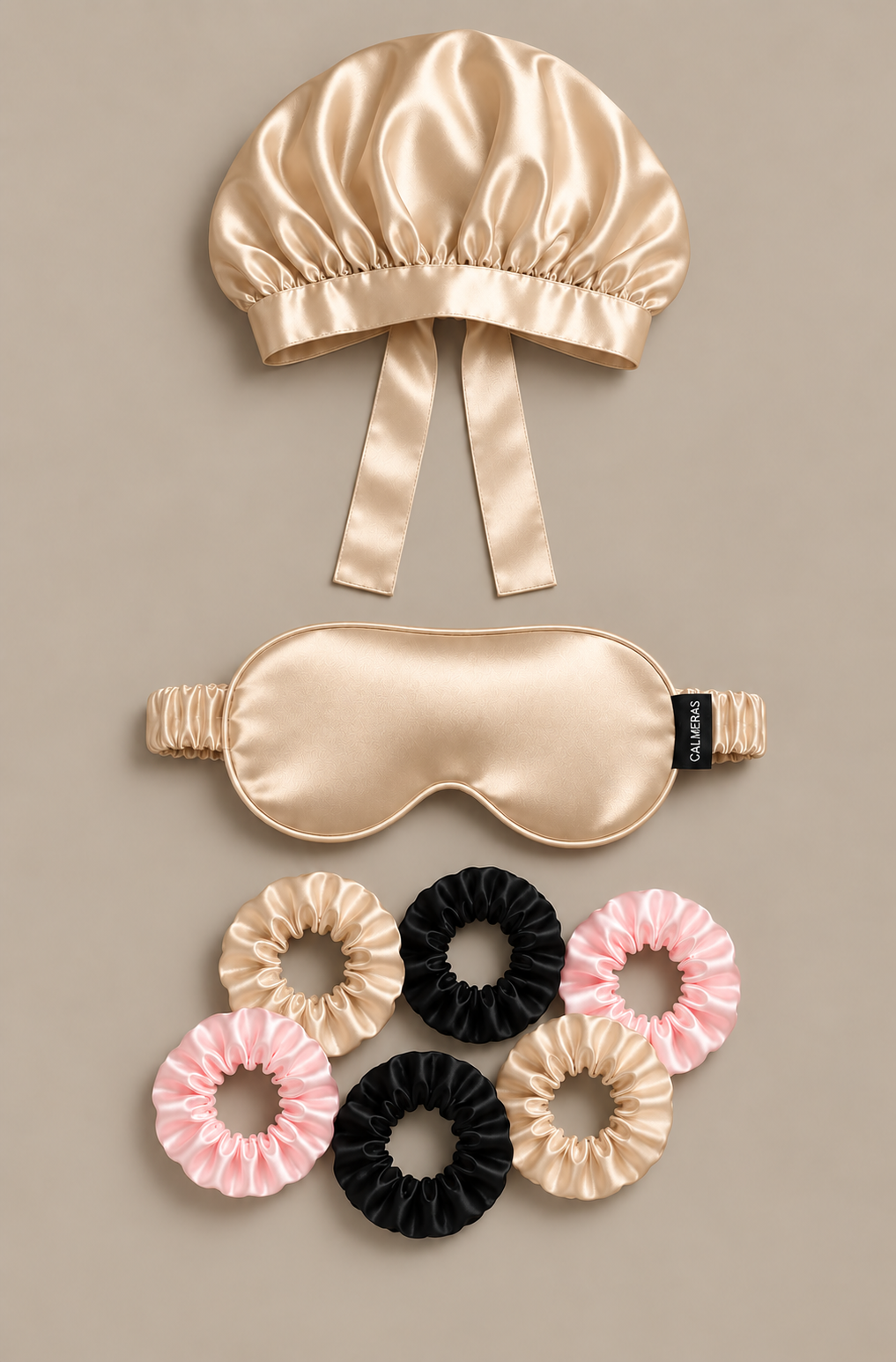 Kit Nuit Althéria – Bonnet, masque & lot de 6 chouchous – 100 % soie de mûrier – Champagne