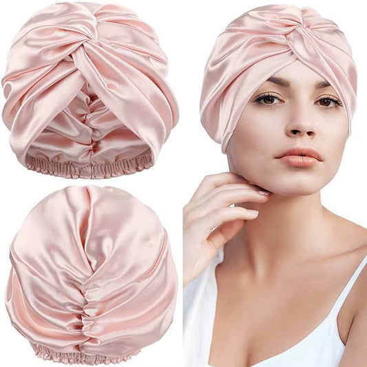 100% Double Silk Sleeping Cap Night Silk Sleeping Bonnet Cover for Women with Elastic Ribbon for Hair Care Long Hair