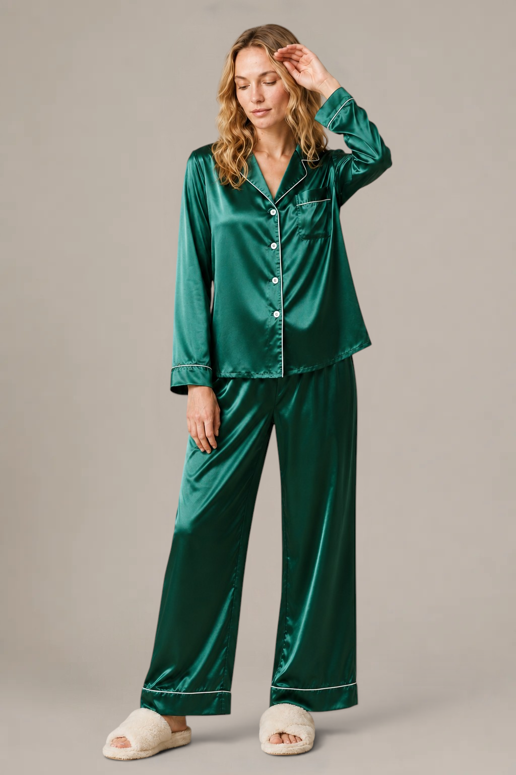 Pyjama Éliana – 100 % soie de mûrier – Vert